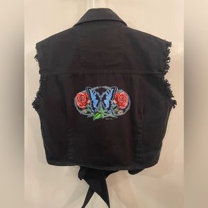 American Biker Brand Vest with Roses and Blue Butterfly on back. Ties in front.